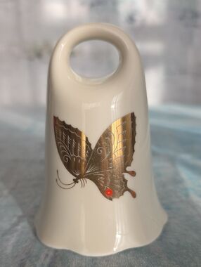 Takahashi Decorative Cream Porcelain Bell with Gold Butterfly Accent